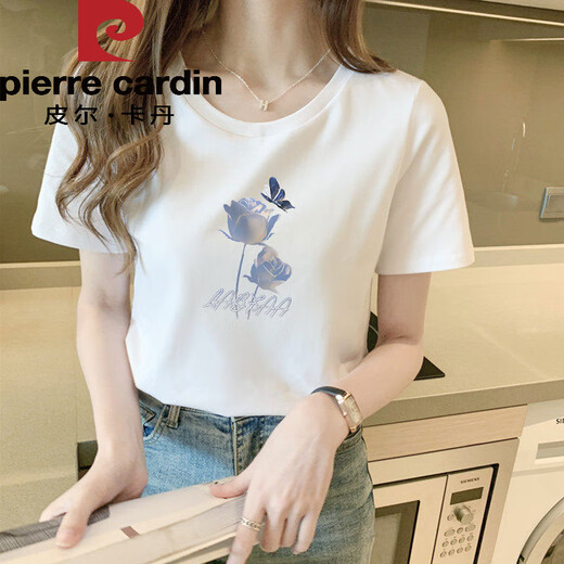 Pier Cardin Summer 2025 New Pure Cotton White T-shirt Women's Short Sleeve Loose T-shirt Students' Versatile Shoulder T-shirt Top 6172 Leather Powder Short Sleeve M (Suggested 80-105Jin [Jin equals 0.5 kg])