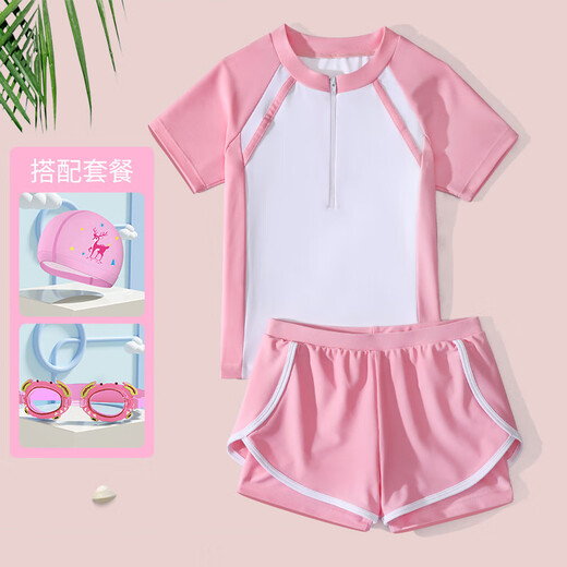 Wanjian Girls Swimsuit Split Two-piece Set Sports Style Boxer Conservative Girls Small, Medium and Large Children Casual Swimwear Black Swimming Goggles/Nose Clip Earplugs 5XL Recommended 150-160C