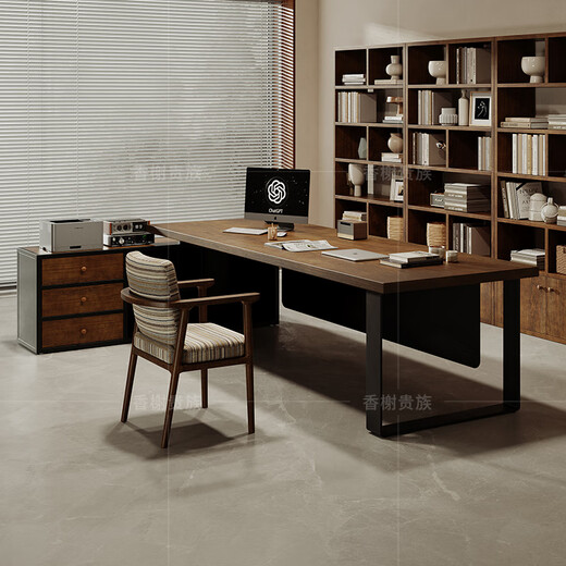 Champs Noble General Manager Office Log Large Board Desk with Side Cabinets High-end All Solid Wood Executive Desk Boss Desk Workbench Pine Table 180L*80W*75H*Thickness 5cm Cabinet 150L*35W*61H