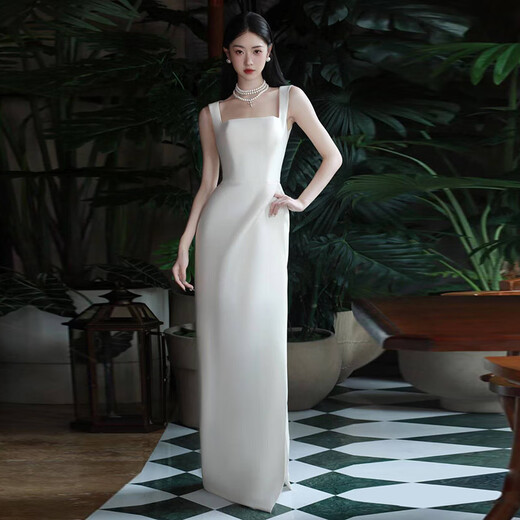 COMMAX Vestido de Novia de Satén, Honda de Alta Gama, Lujo Ligero, Temperamento Simple, Vestido de Novia con certificación, Vestido Exterior para fotografía de Viajes al Aire Libre Adelgazante, Blanco hasta el Suelo Estilo XL