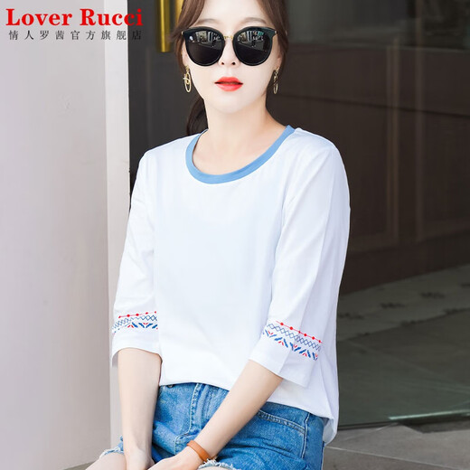 LOVER RUCCI pure cotton 70-quarter sleeve T-shirt for women's mid-sleeved loose age-reducing five-quarter sleeve T-shirt for spring and autumn summer 2025 new top W6172 ice blue mid-sleeved XL (recommended 120-135 Jin [Jin equals 0.5 kg])
