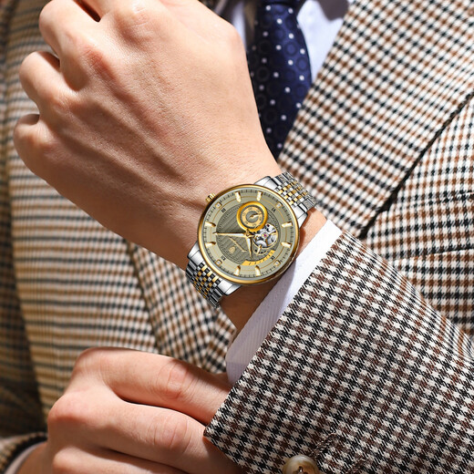 Pydaga Switzerland Neue Männer vollautomatische mechanische Uhr Tourbillon Multifunktion Luminous Business Water of Watch Watch Men's Watch 1416 Goldgrau-Stahlgürtel Modell 42mm