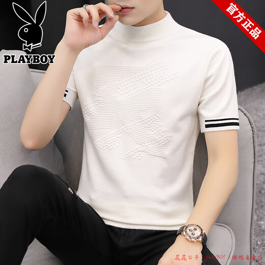 
Playboy pure cotton short-sleeved T-shirt men's summer 2025 new knitted trendy half-high neck shirt slim body elastic 9902 burgundy M