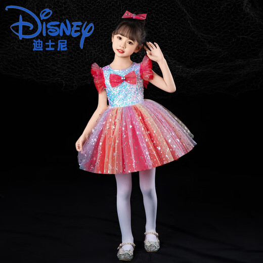 Disney Children's Performance Costumes Girl Princess Puff Dress Evening Gown Sequined Veil Skirt Dance Performance Suit Lotus Colorful Skirt + Bow 100 cm