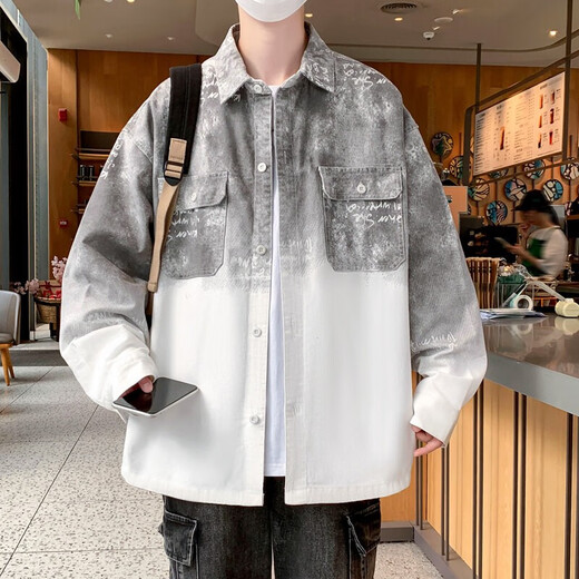 IMPRESSWIT扎染渐变色夹克男牛仔粉色青少年学生衣服2025春季理发师潮流外套 CS3331粉色 XL (适合体重115斤-130斤穿)