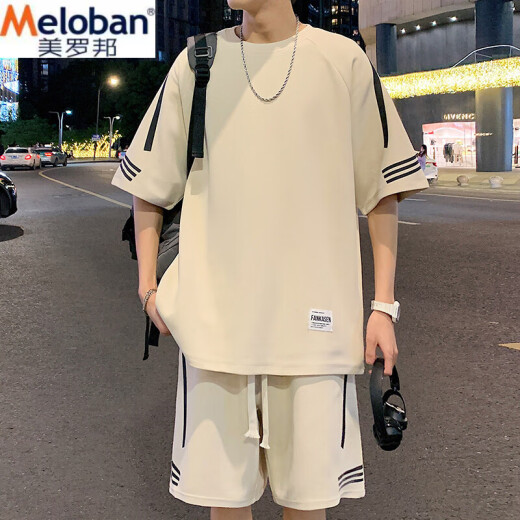 美罗邦（Meloban）休闲运动套装男夏季新款宽松冰丝短袖t恤男士短裤搭配帅气一整套T FKS653白色 L 建议【110-130】斤