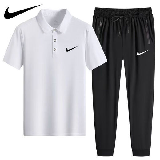 NBA KIDS-NIKE冰丝POLO衫速干休闲运动装短袖T套装薄款翻领男士长裤两件装 耐克-黑色(直筒套装)1396 耐克-XL 100-120斤