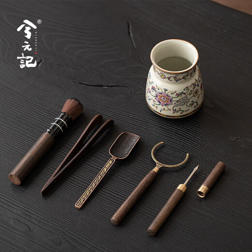Xiyuanji lotus root rice and yellow Ru kiln tea ceremony accessories Liujunzi Kungfu tea set supplies tea making tools tea knife clip tea brush spoon lotus root rice yellow Ru kiln tea ceremony barrel + ebony accessories