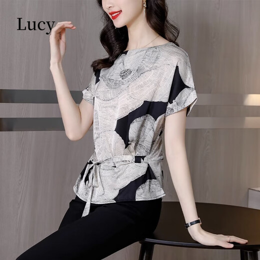 Lu Yiji Seiden kurzärmeligte T-Shirt für Frauen 2025 Sommer Neues modisches und modisches kleines Hemd High-End Mulberry Seiden Top 9856 Navy M.
