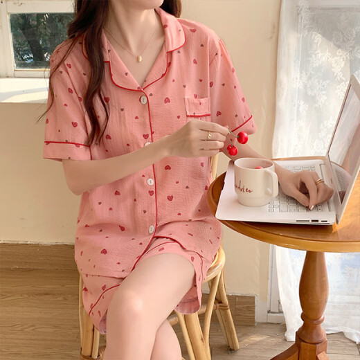 
HUALIN FASHION summer pink flower puff sleeve short sleeve cute thin home clothing set zd-673# apricot love heart 175 L
