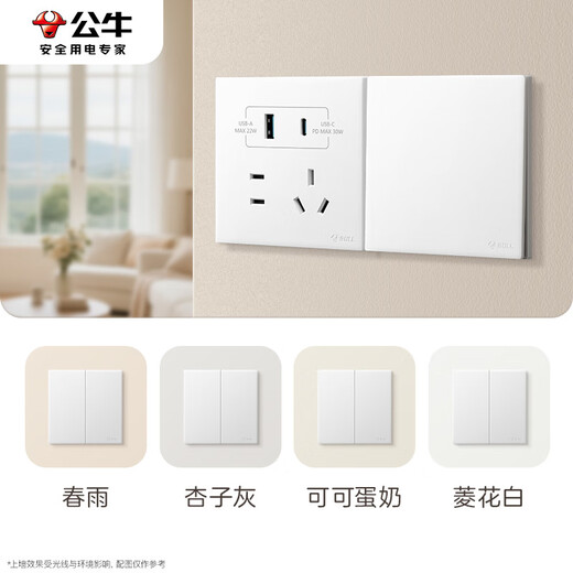 公牛（BULL）开关插座 G60系列一开单控五孔带开关插座超薄面板G60E333A暮雪白