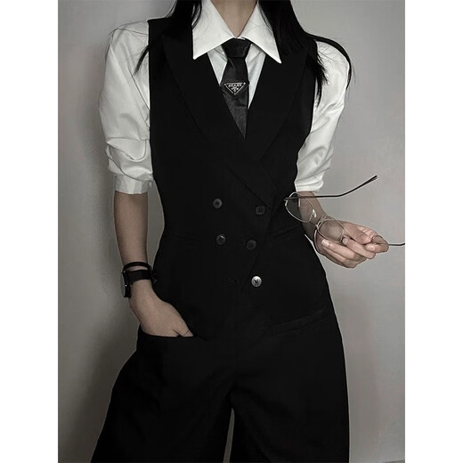 Xinguyao (Xinguyao) Anzug Weste Weste und Frauen neutraler Stil hübsches Senior British Waffenausschnitt Geschäft Schlanker Weste Anzug Casual Horse Clip Black Weste + weißes Hemd + schwarze Krawatte + schwarze Hosen l Vorschläge [105-125]