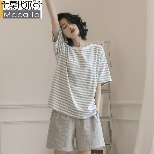 莫代尔纯棉条纹睡衣女夏季新款短袖薄款圆领可外穿青年大码家居服两件套 YZT9853 M 女款 建议80-100斤