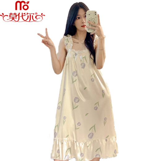 莫代尔（Madallo）睡裙女夏季自带胸垫冰丝凉感吊带睡衣夏天女士甜美可爱家居服春秋 3887不可拆胸垫】 M 75-100斤】
