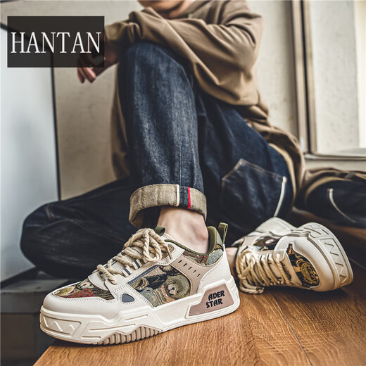 韩谈男鞋秋季透气百搭休闲设计感小众板鞋男士运动厚底增高帆布潮鞋子 米卡其 42