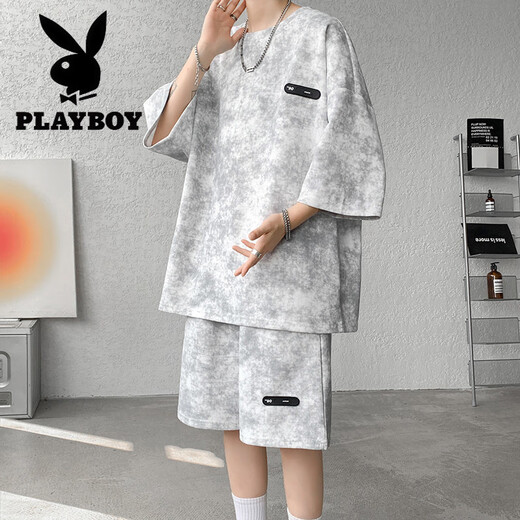 Playboy (PLAYBOY) summer suit men's niche design tie-dyeing 7-quarter sleeve T-shirt shorts trendy cool big size men's clothing set TZ757 tie-dyeing black L (recommended 110-125 Jin [Jin equals 0.5 kg])