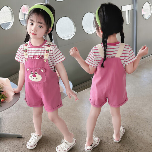 
Kexin Baby Girl Summer Strawberry Bear Overalls Two-Piece Set 2025 New Fashionable Short Sleeve Striped T-shirt Set Children's Trendy Rose Pink 110 Size Recommended for 3-4 years old (about 105 height)