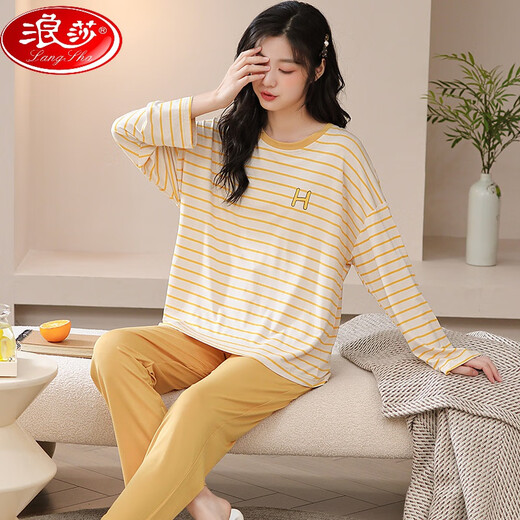 浪莎（LangSha）莫代尔睡衣女秋款长袖春秋季薄套装家居服大码宽松2025新款两件套 XJY-3883 L (100-120斤内)