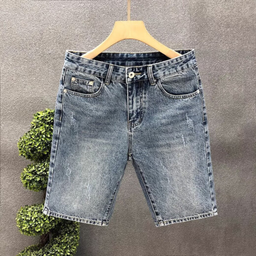 Summer thin denim five-point pants for men Korean style trendy slim denim shorts summer stretch men's trousers breeches 5 blue-ju-K844 29 [waist circumference 2 feet 2]