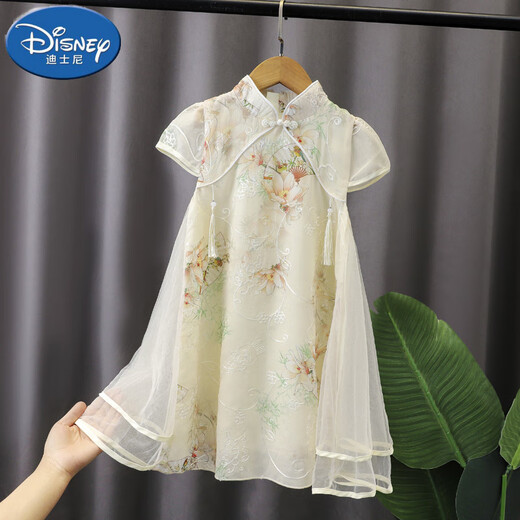 迪士尼（Disney）女童连衣裙夏装旗袍裙中国风儿童夏季公主裙汉服复古女孩裙子国潮 YBC-6629扇子旗袍裙-杏色 100 建议身高90cm