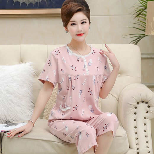 Pajama madre de mediana edad para mujeres en verano algodón puro pantalones cortados de manga corta más grasa más ropa de gran tamaño para el hogar Traje de mediana edad y ancianos T3937 2XL (135-155Jin [Jin equivale a 0.5 kg])