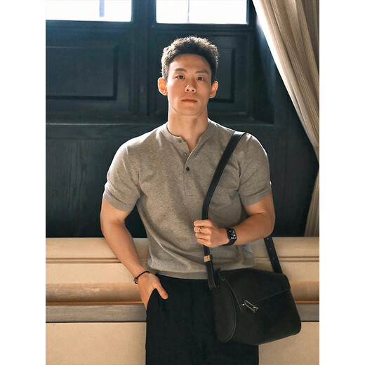 趣米乐 亨利领polo衫短袖t恤男夏季收袖口半袖美式cleanfit纯棉上衣服潮 灰色 常规 XL 建议120斤到140斤