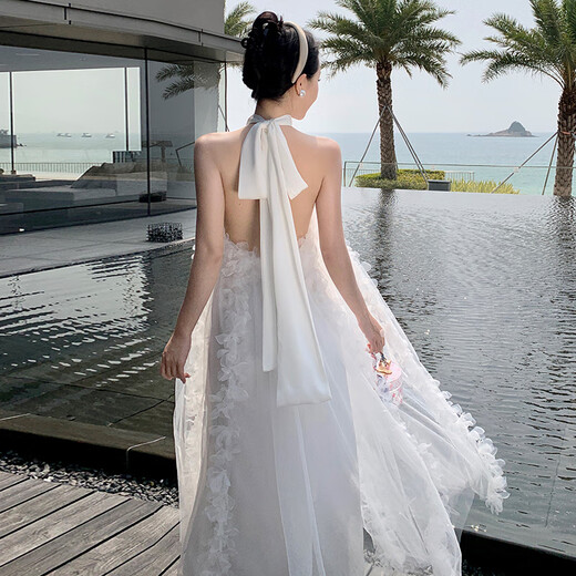 Dongjing French bride's morning robe, halter neck light wedding dress, wedding nightgown, bridesmaid can wear a small white skirt, vacation skirt, white S