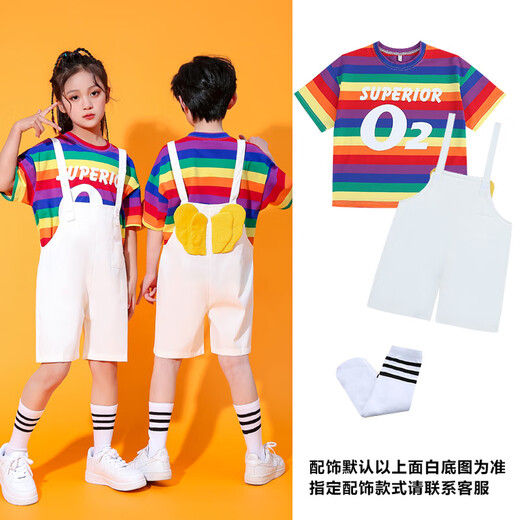 10,000 people collected the Children’s Day Performance Clothes Overalls Set Kindergarten Graduation Photos Elementary School Cheerleaders Rainbow T+White Overalls+Socks 90 90