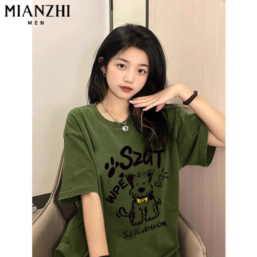 棉致美式复古绿色卡通小狗短袖t恤女夏季新款国潮牌半袖纯棉小众上衣 B15664白色【高品质18.5】 L 105-125斤