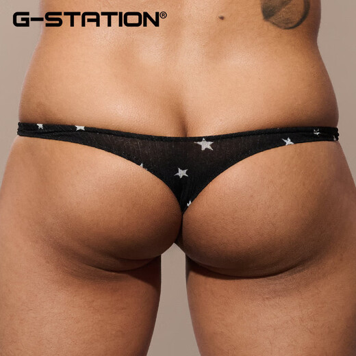 G-STATION sexy Japanese small style tight low waist men's thong star polyester small mesh breathable quick-drying underwear black M (small size model recommended to take 1-2 sizes)