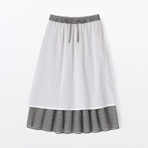无印良品（MUJI）女式 强捻 抽褶裙 长半身裙女裙子女装格子裙25年夏季BE1VEC5S 黑色格纹 M （160/66A）