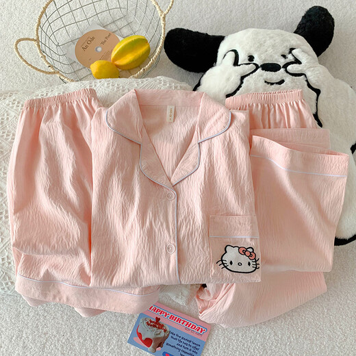 Jingpufei cartoon puppy pajamas for women in summer thin cotton silk home clothes three-piece set Yunduo Cotton-9906# Star puppy three-piece set M [Suggestion 75-100Jin [Jin equals 0.5 kg]]
