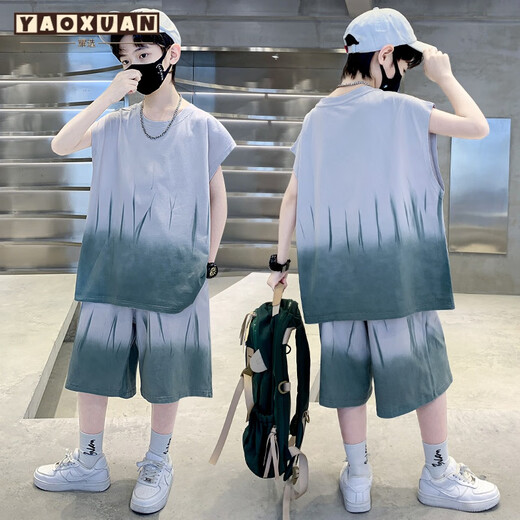 Yaoxuan Boy ärmelloses Anzug Baumwoll modische 2025 neue mittelgroße Kinder Wide Schulter-Gradient Cool Weste Shorts Zweiteiler TZK695 Green [Set] 120 cm