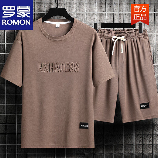 罗蒙（ROMON）男士夏季套装青少年短袖t恤薄款冰丝两件套休闲运动服五分短裤子 套装-TZ829黑色【上衣+裤子】 XL 建议130-145斤