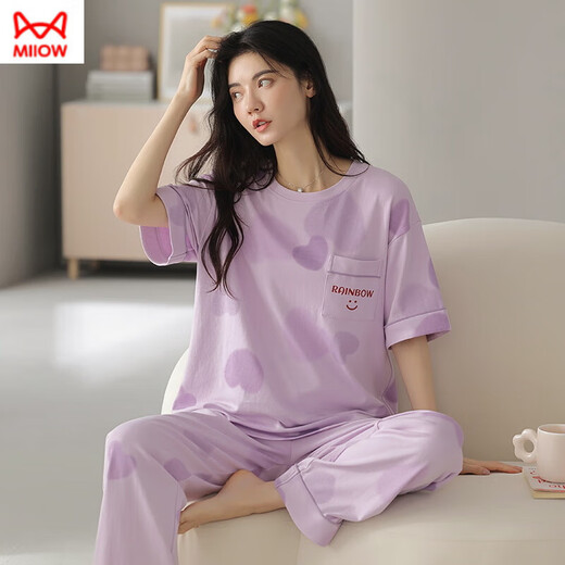 猫人（MiiOW）纯棉睡衣女短袖长裤夏季韩版女士圆领套装薄款全棉外穿家居服 RN9717#短袖长裤纯棉 M (80-100斤)