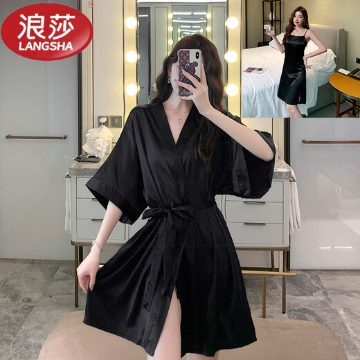 LangSha sexy new bridesmaid dressing gown collar ice silk pajamas women's home wear spring and summer mid-length nightgown OAF215+244 black strappy nightgown XL (116-125Jin Jin equals 0.5kg)