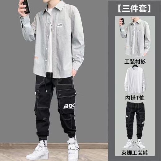 2025 new workwear casual suit men Korean style trend three-piece set spring and autumn men's clothing one set with handsome clothes [2 pieces] 682 shirt black + A006 workwear pants L