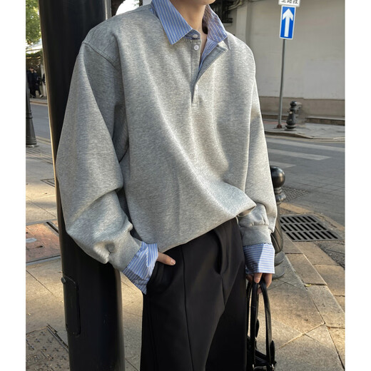 GTYUWVG fake two-piece shirt men's spring 2025 new inner layering long-sleeved lapel Henry bottoming shirt shirt jacket light gray L