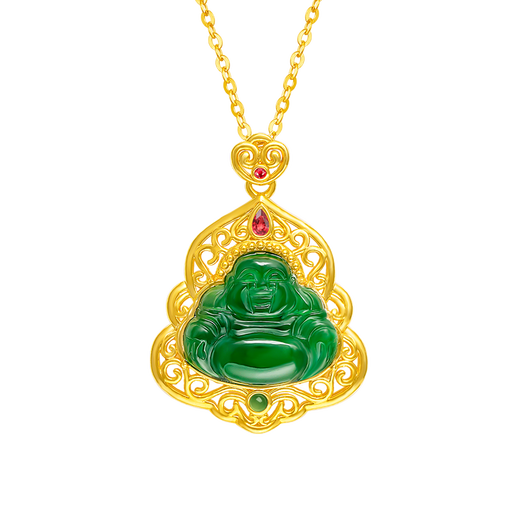 Ming Diamond International 18K Gold Jade Buddha Pendant Women's au750 Jade Inlaid Pendant Neck Jewelry as a Birthday Gift for Girlfriend