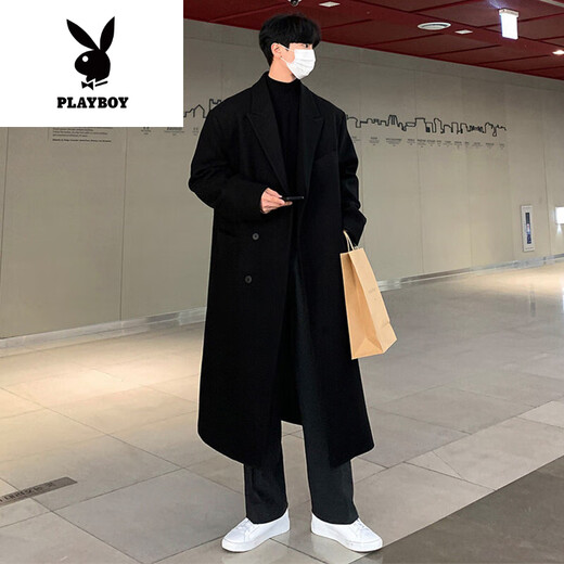 Playboy (Playboy) Осень и зимняя новая шерстяная шерсть для мужчин в среднем уровне с высоким уровнем колена высококачественной твидовой куртки корейская тренда Black Plus Plus Cotton L