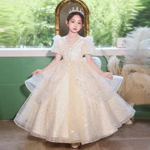 
Hanqi high-end girl princess dress summer puffy girl birthday flower girl wedding dress piano performance dress shallow champagne 120 suitable for weight 40-45 Jin [Jin equals 0.5 kg]