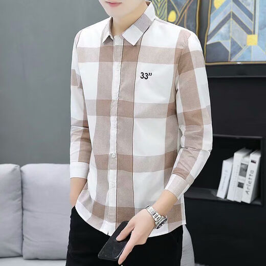 恺吉锐2025春夏季衬衫男士长袖格子修身休闲衬衫正装男衬衣潮男 浅灰色 9913灰 S 高质量(70-85斤左右)