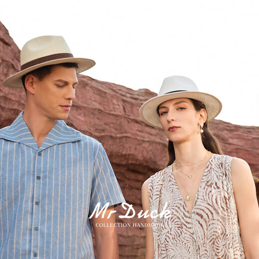 Mr DUCK2025 new product, light and breathable Panama hat, men and women, hand-dyeed cotton and linen plaid webbing topper, sun protection straw hat MS56328-Natural Khaki/Cotton and linen plaid webbing L(57-58cm)
