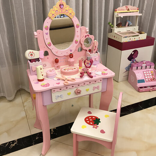 Meibosen girls children's birthday gift simulation princess dressing table dressing table 3-4-5-6 years old play house wooden toys large dressing table + stool