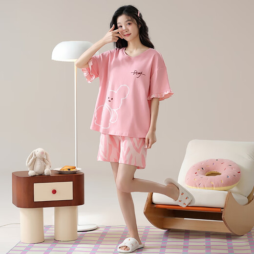 兮众女士短袖睡衣套装夏季夏天薄款大码家居服可外穿休闲春夏棉卡通 GXT6636 M (建议75-95斤)