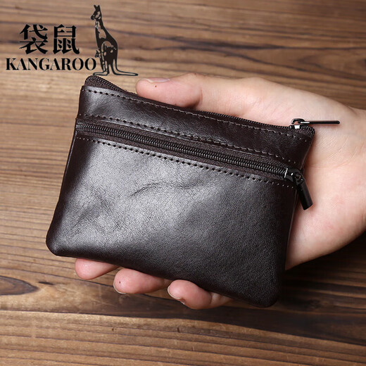 袋鼠手工真皮小零钱包名片卡包头层牛皮简约拉链驾驶证包公交卡钥匙包 深棕色