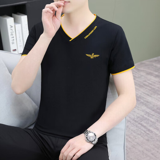 夏装鸡心v领棉t恤短袖男士潮流薄款压花时尚百搭半袖 Q694 豆绿 L 100-120斤