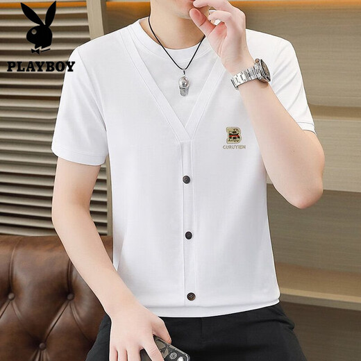 Playboy (Playboy) Summer NUEVA falsa camiseta de dos piezas 2025 Camiseta de manga corta Men a moda de moda transpirable a media manga de media manga Q6623 White XL [115-130Jin [Jin equivale a 0.5 kg]]]