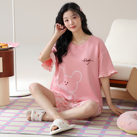 兮众女士短袖睡衣套装夏季夏天薄款大码家居服可外穿休闲春夏棉卡通 GXT6636 M (建议75-95斤)