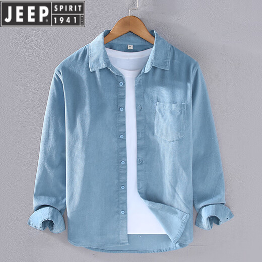 JEEP SPIRIT春季灯芯绒衬衫男长袖纯棉宽松薄款日系条绒感白休闲衬衣外套 抹茶绿【9716】 M